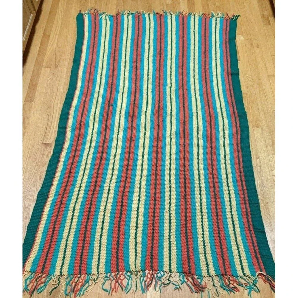 Handmade‎ Crochet Throw Blanket Afghan – Orange Yellow Green Striped w/ Fringe